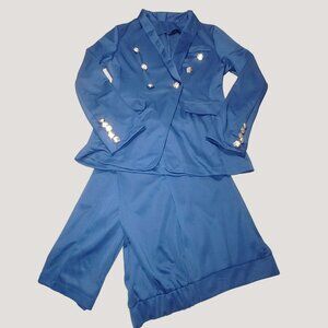 Vintage Womens Blue Double Breasted Blazer Suit Set Elastic